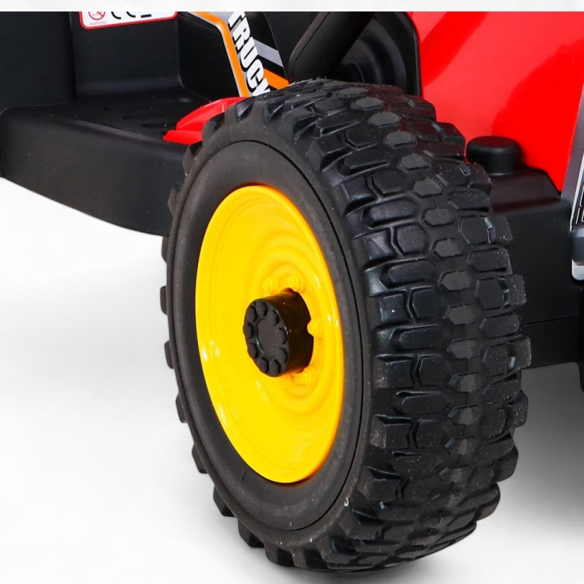 Trator Elétrico para Criança com Atrelado 12v Vermelho c/ RODAS DE BORRACHA & ASSENTO EM PELE