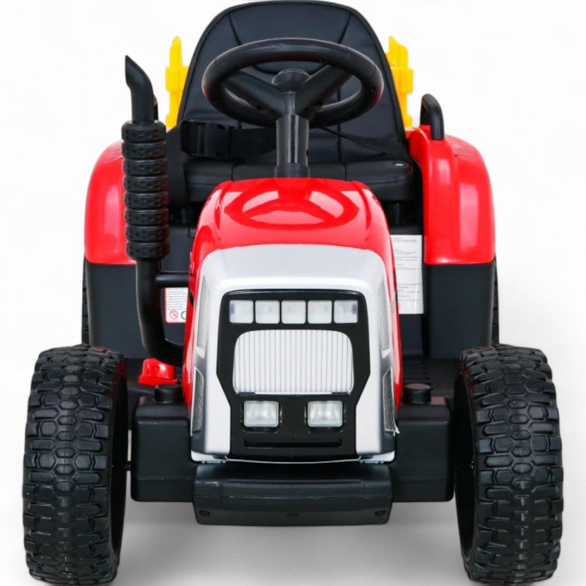 Trator Elétrico para Criança com Atrelado 12v Vermelho c/ RODAS DE BORRACHA & ASSENTO EM PELE