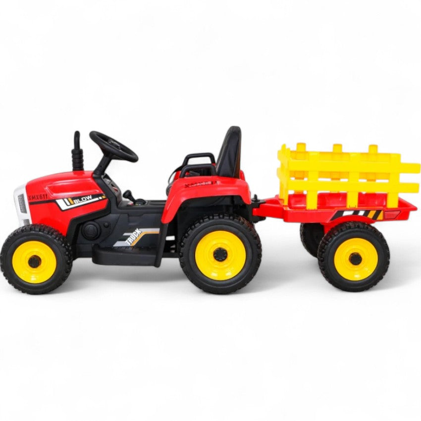 Trator Elétrico para Criança com Atrelado 12v Vermelho c/ RODAS DE BORRACHA & ASSENTO EM PELE