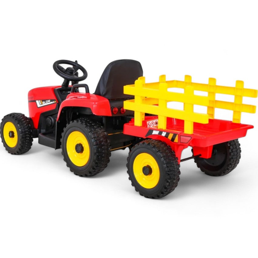 Trator Elétrico para Criança com Atrelado 12v Vermelho c/ RODAS DE BORRACHA & ASSENTO EM PELE