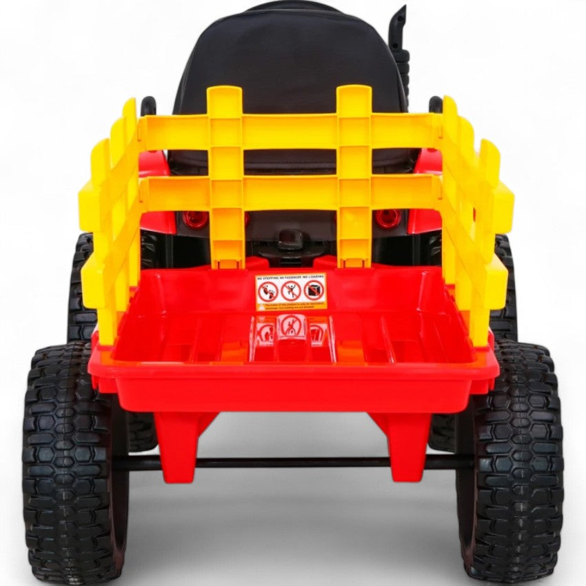 Trator Elétrico para Criança com Atrelado 12v Vermelho c/ RODAS DE BORRACHA & ASSENTO EM PELE