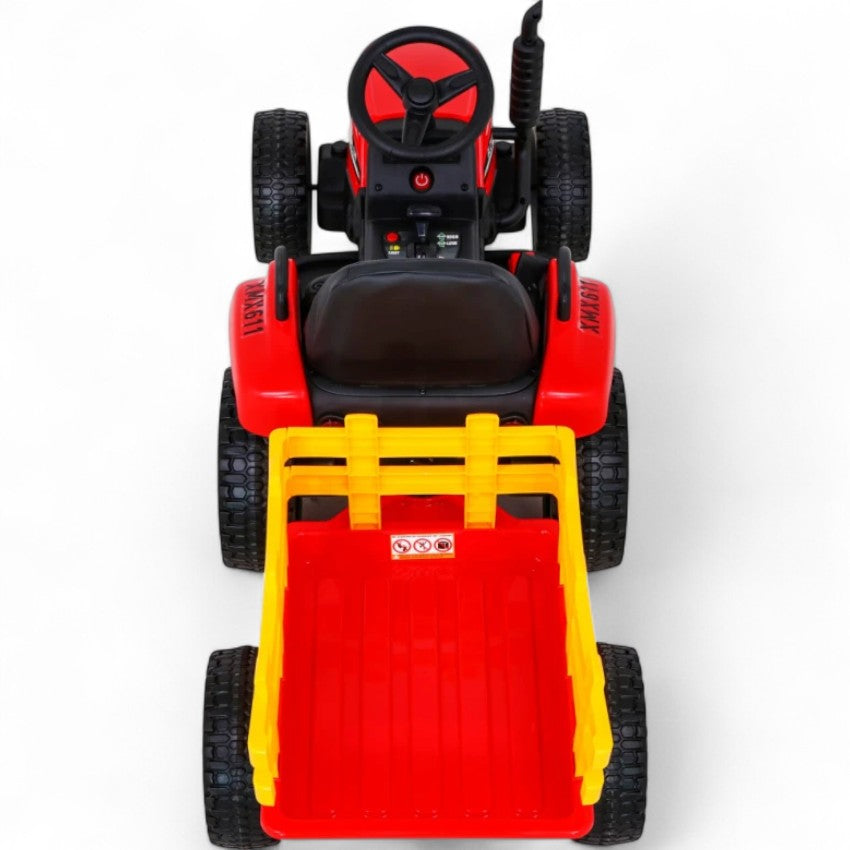 Trator Elétrico para Criança com Atrelado 12v Vermelho c/ RODAS DE BORRACHA & ASSENTO EM PELE