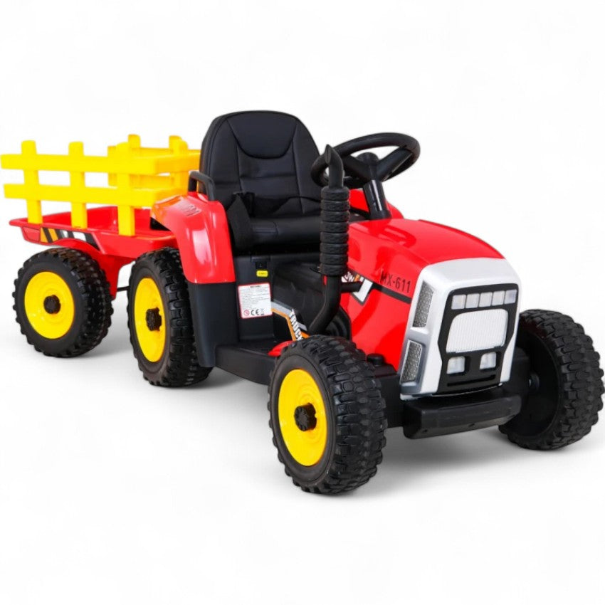 Trator Elétrico para Criança com Atrelado 12v Vermelho c/ RODAS DE BORRACHA & ASSENTO EM PELE