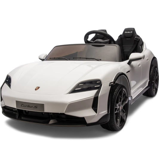 Carro Elétrico para Criança Porsche Taycan Turbo S Branco c/ Rodas de Borracha e Assento em Pele E Veludo
