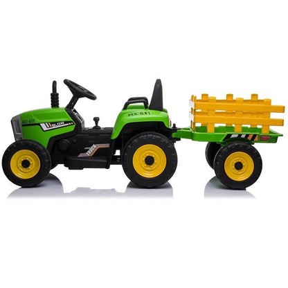 Trator Elétrico para Criança com Atrelado 12v Verde c/ RODAS DE BORRACHA e Assentos em Pele