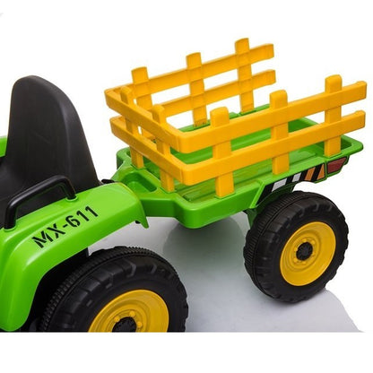 Trator Elétrico para Criança com Atrelado 12v Verde c/ RODAS DE BORRACHA e Assentos em Pele